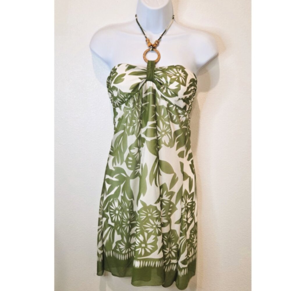 Trixxi Green & White Floral Halter Spaghetti Strap Dress - Size S